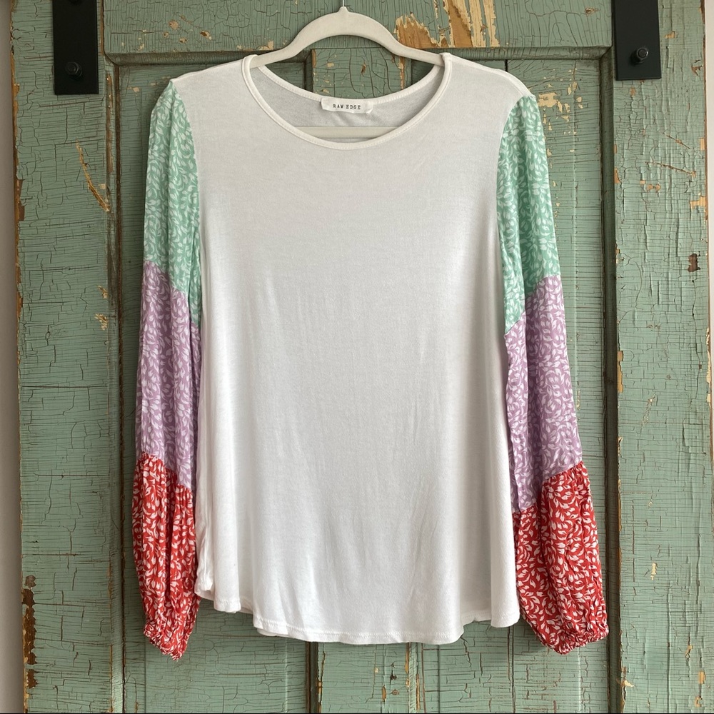 Raw Edge Patchwork Multicolor Print Sleeve Scoop Neck Shirt